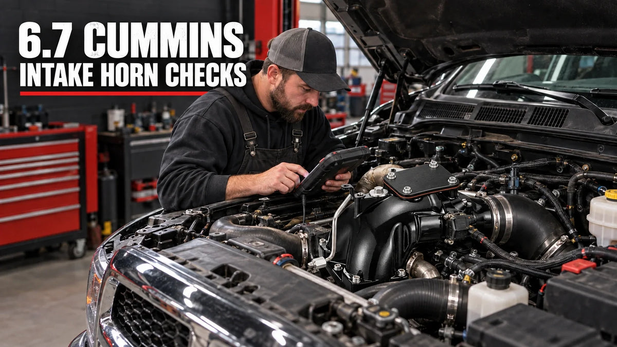 Mechanic checking a 6.7 Cummins intake horn installation with a diagnostic scan tool