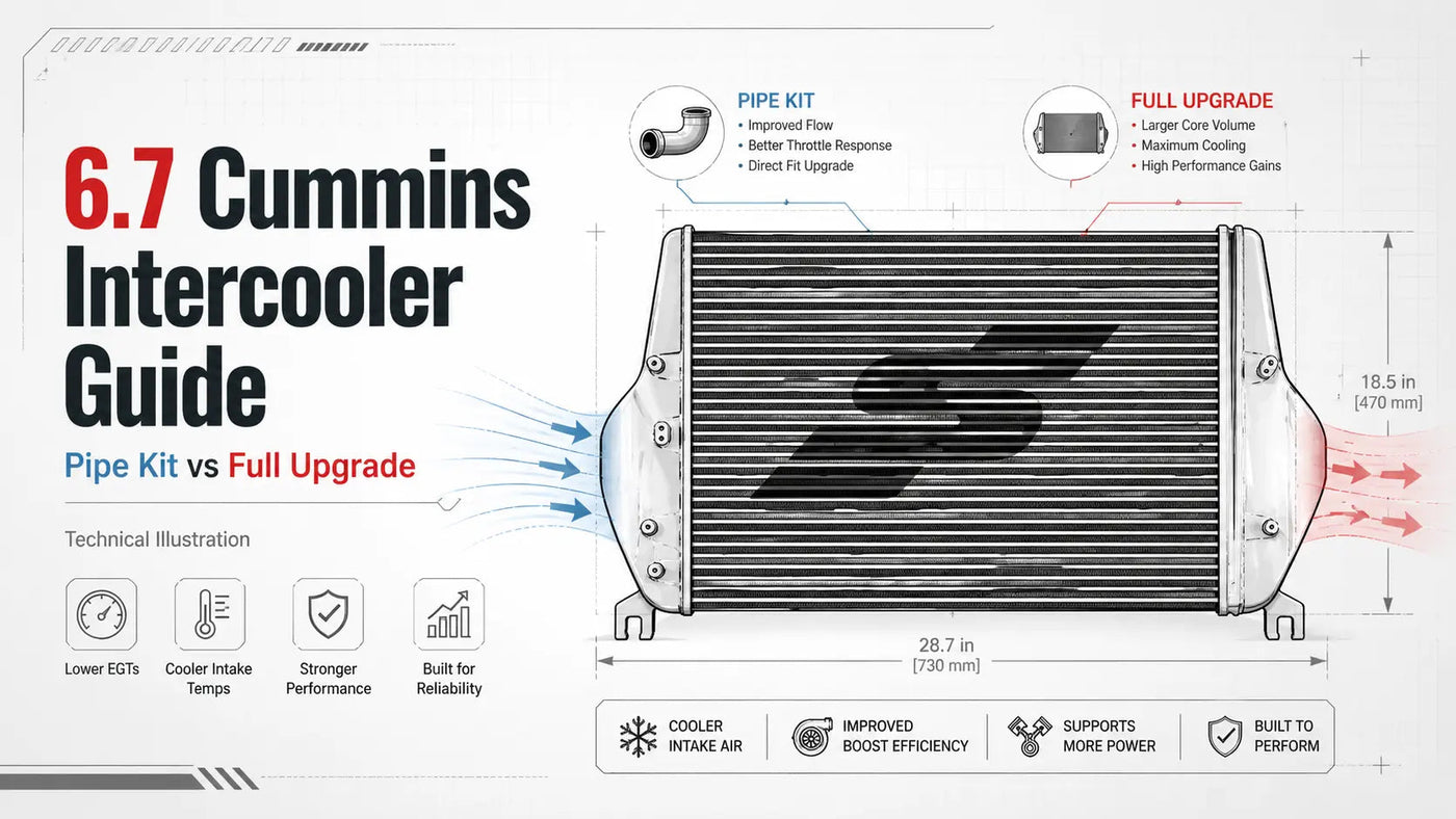 6.7 Cummins intercooler guide showing pipe kit vs full intercooler upgrade for Ram 2500 and 3500