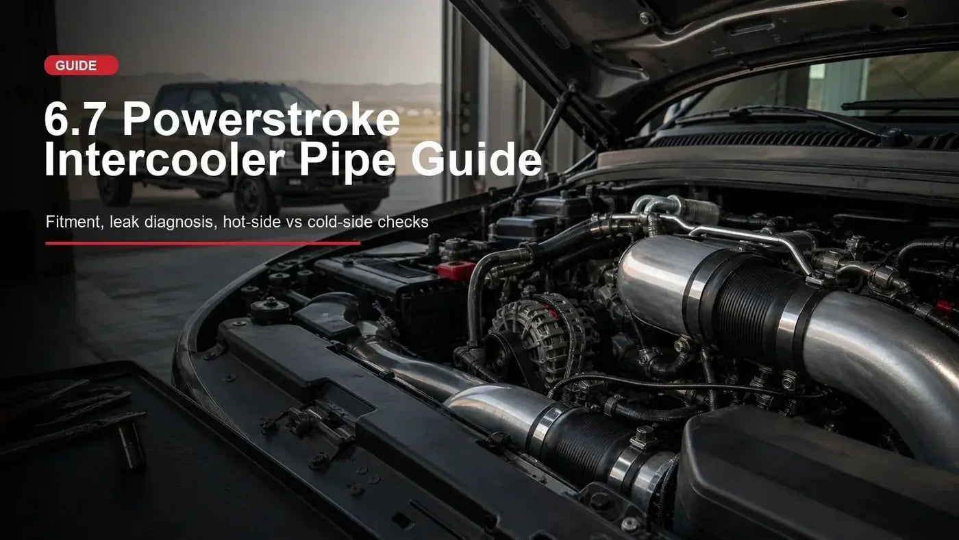 6.7 Powerstroke intercooler pipe guide with diesel engine bay and pickup truck