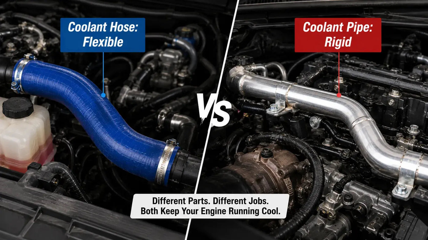 Coolant pipe vs coolant hose comparison in a diesel truck cooling system