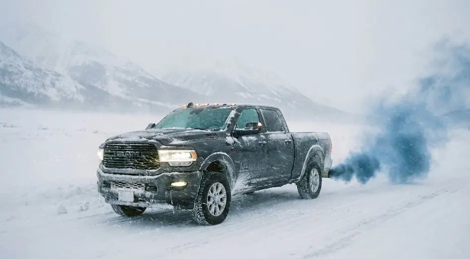 Ram 6.7L Cummins diesel truck idling in extreme cold blizzard, emitting blue smoke from the exhaust pipe, indicating oil ingestion by the turbocharger due to restricted air intake.