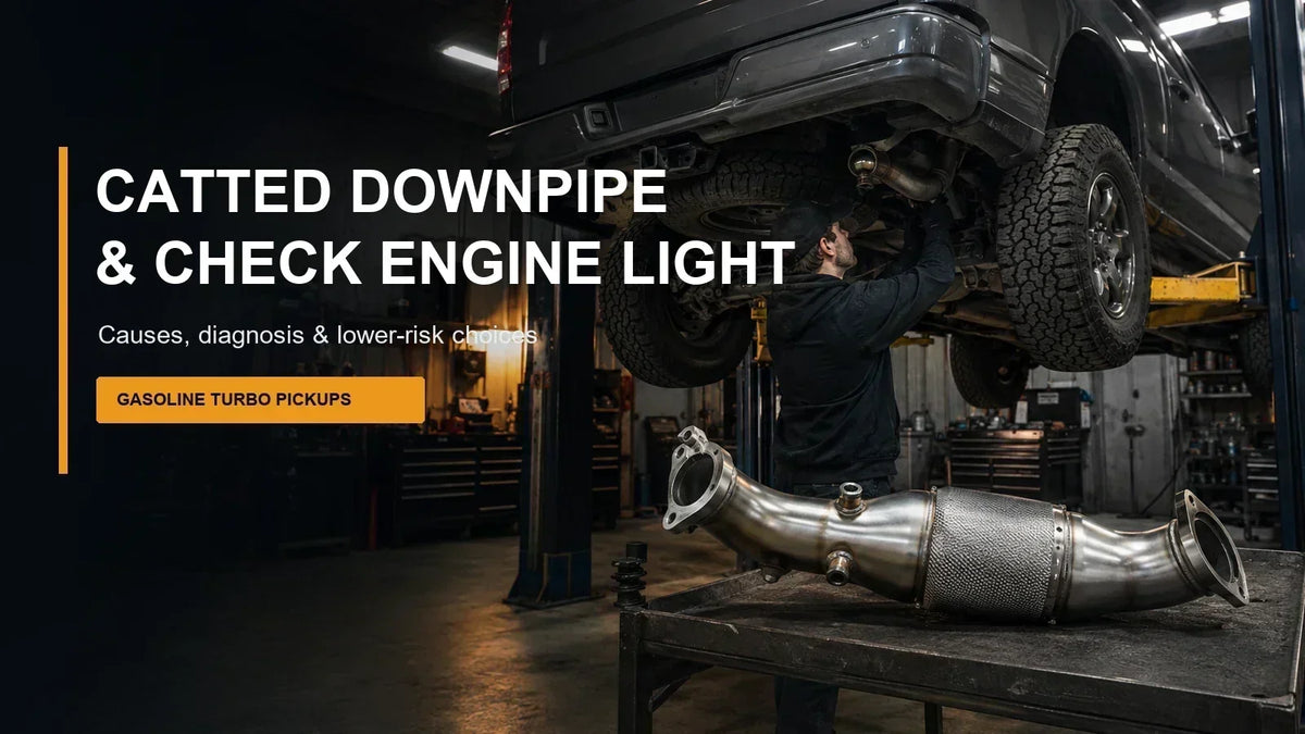 Catted downpipe and check engine light guide for a gasoline turbo pickup