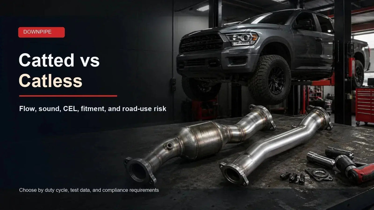 Catted vs catless downpipe comparison guide for turbo truck exhaust flow sound CEL fitment and compliance