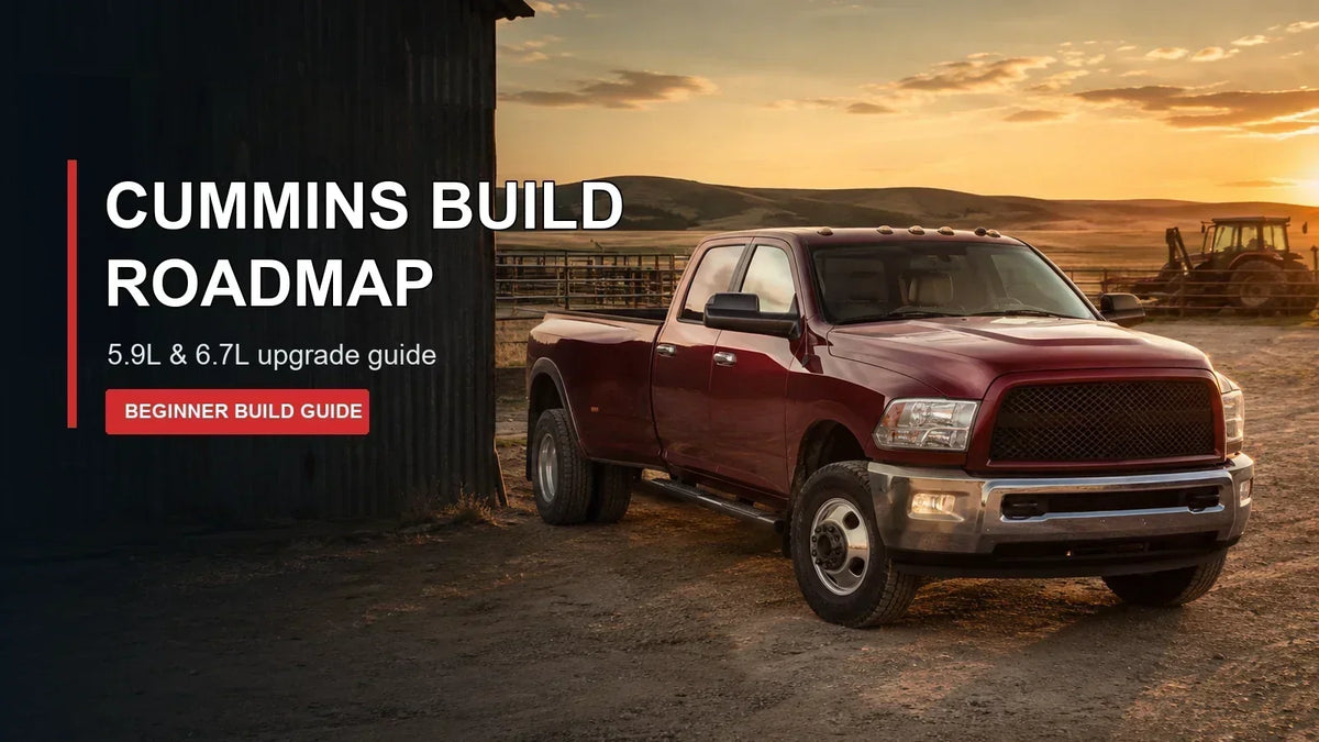 Cummins upgrade roadmap cover with a real red heavy-duty dually pickup at a ranch