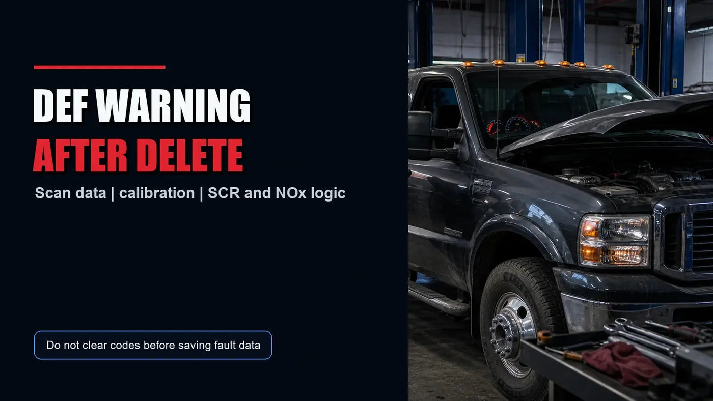 Deleted diesel truck with DEF warning being diagnosed in a repair shop