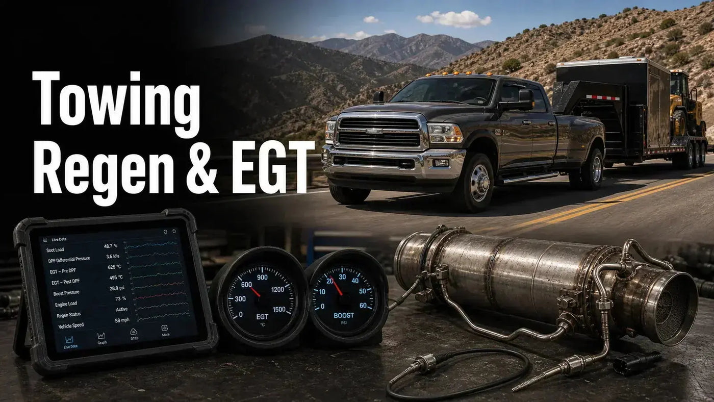 Diesel truck towing a trailer with scan data gauges and DPF hardware for regen and EGT monitoring