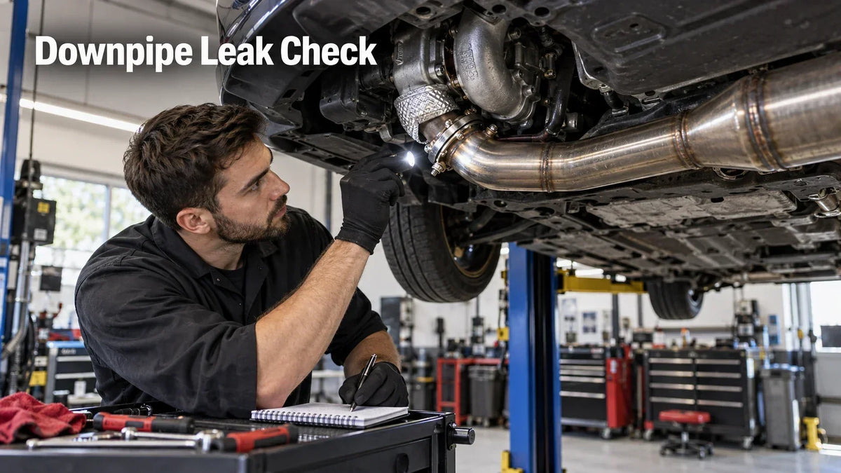 Technician checking a downpipe leak on a lifted turbo car after installation