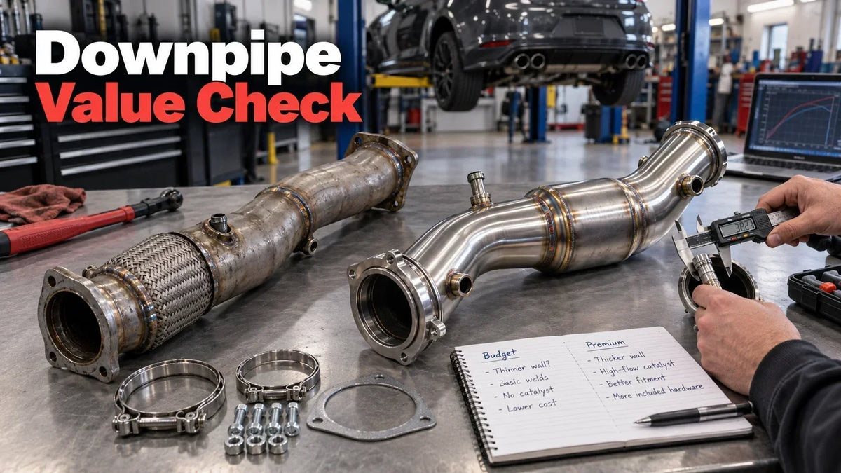 Cheap versus expensive downpipe value comparison with hardware fitment and inspection tools