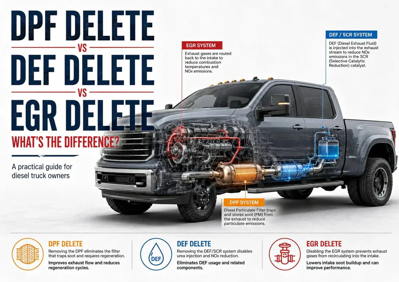 DPF delete vs DEF delete vs EGR delete comparison diagram on a diesel truck