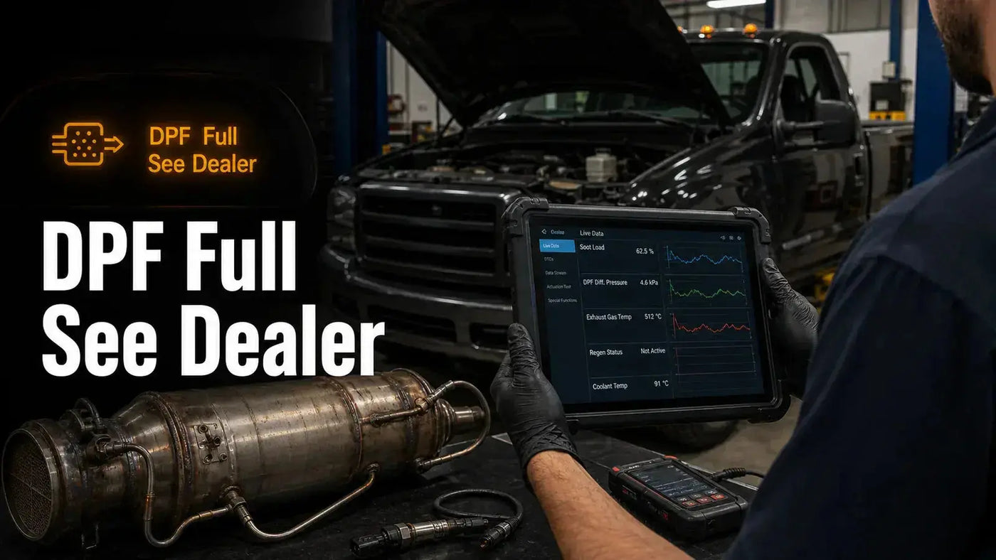 Diesel truck in a repair bay showing a DPF Full See Dealer warning and scan tool diagnosis