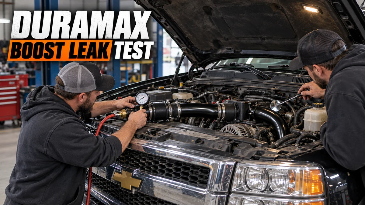 Technicians performing a regulated Duramax Y-bridge boost leak test on an LBZ or LMM diesel truck