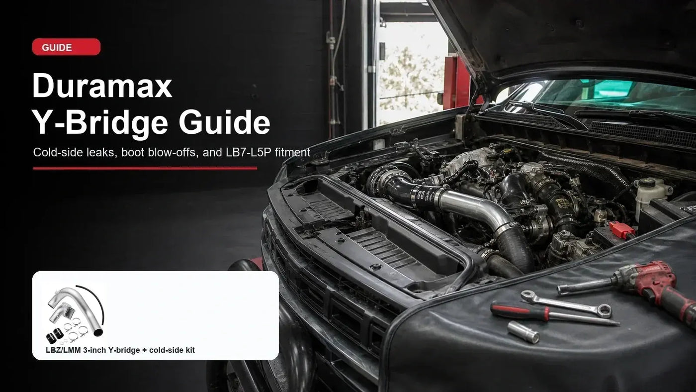 Duramax Y-bridge and cold-side intercooler pipe guide with diesel truck engine bay