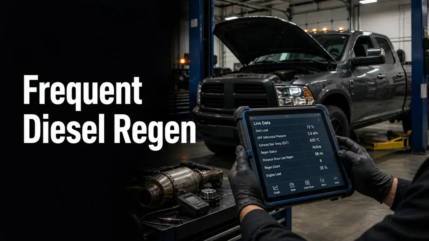 Diesel truck in a repair bay with a scan tool for frequent DPF regeneration diagnosis