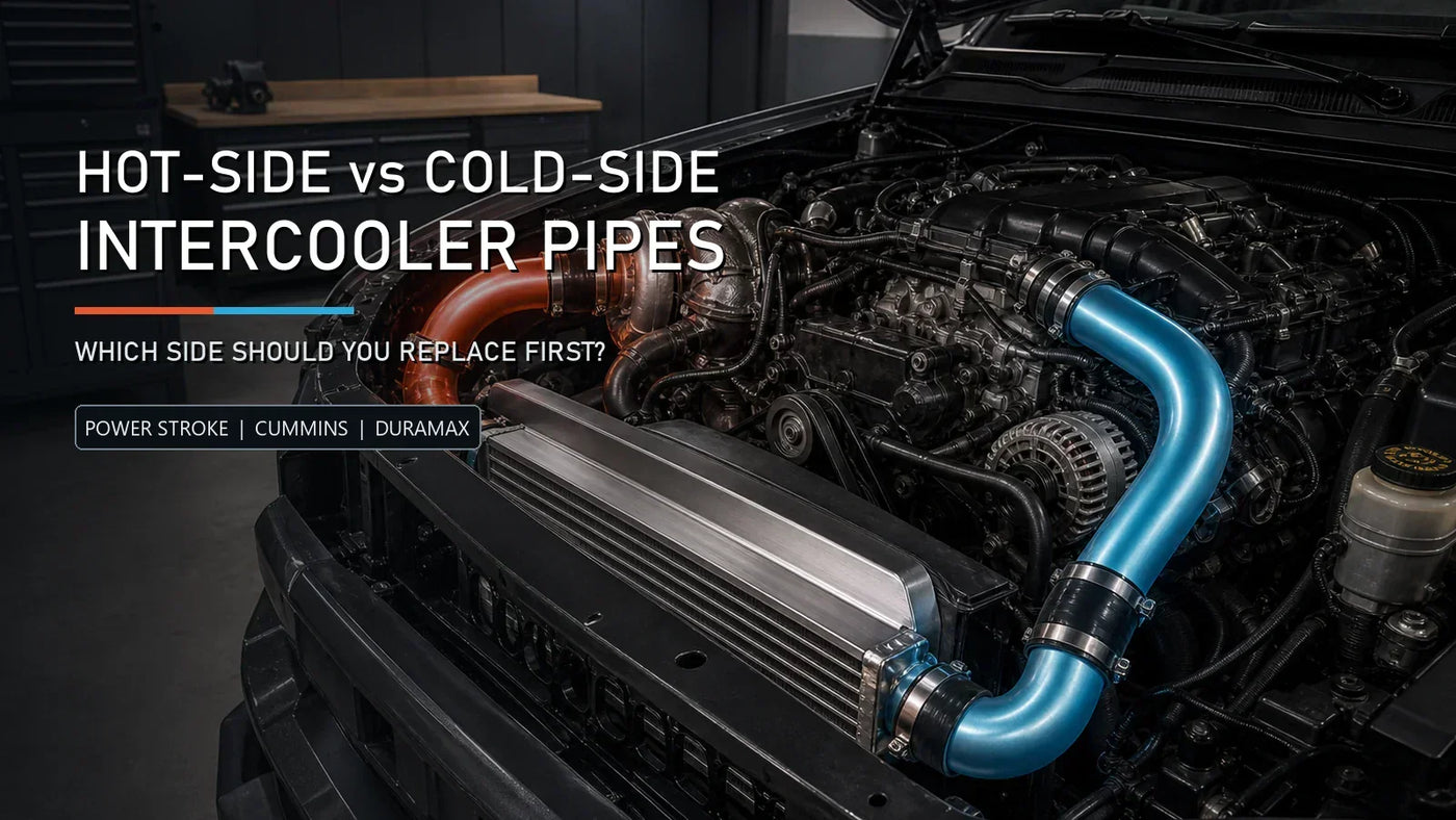 Hot-side and cold-side intercooler pipes highlighted in a diesel truck engine bay