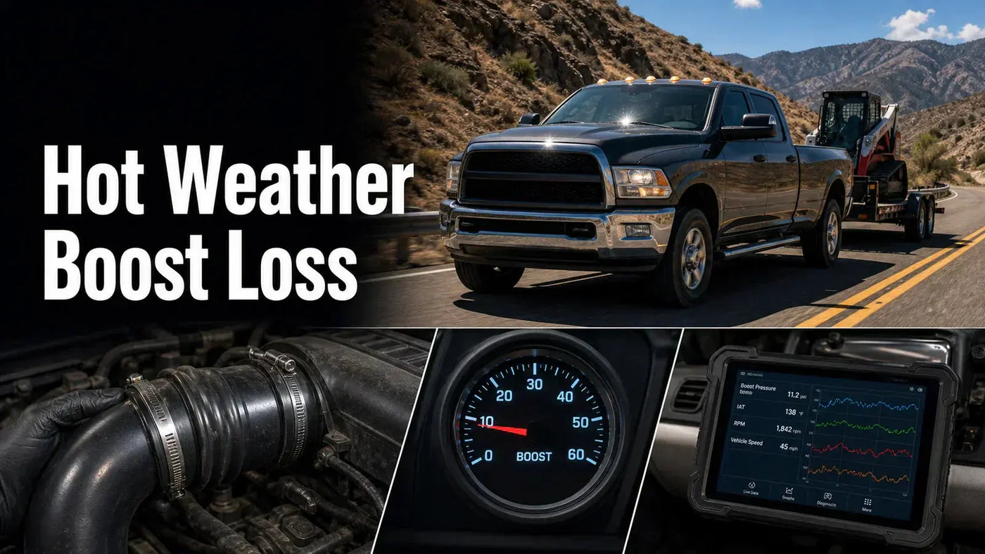 Diesel truck towing in hot weather with boost gauge and intercooler pipe inspection