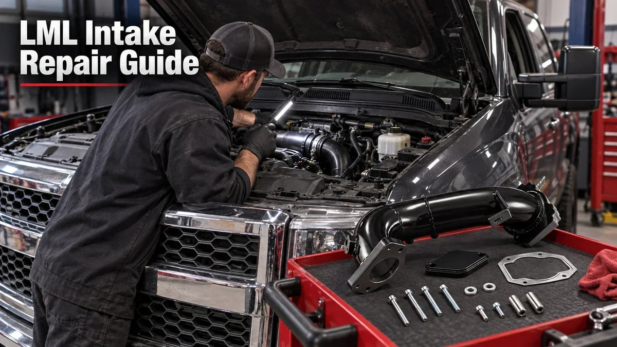 LML intake repair guide with a technician inspecting a Duramax engine and intake elbow bridge kit