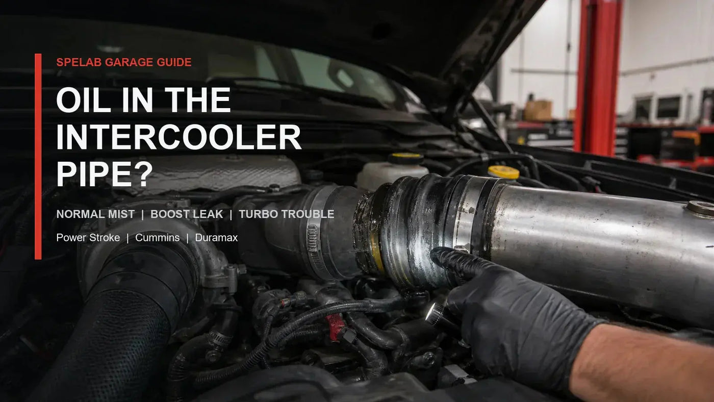 Mechanic inspecting an oil-wet intercooler pipe connection on a diesel pickup