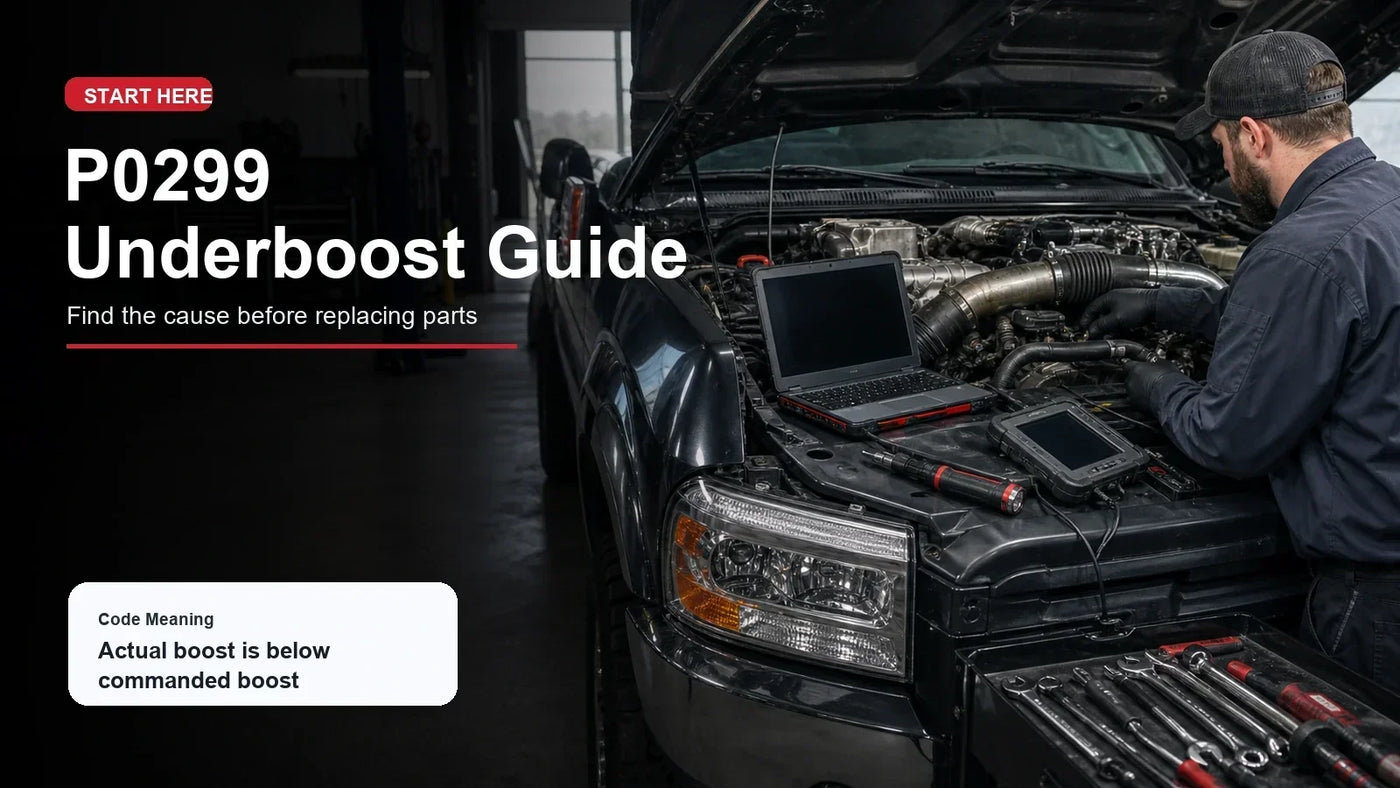 P0299 underboost code guide with diesel truck diagnostic tools and open engine bay