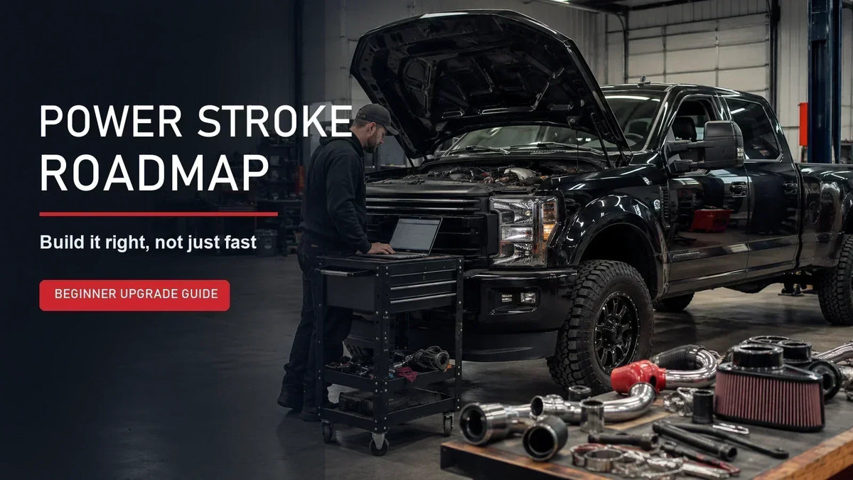 Power Stroke upgrade roadmap cover with a real diesel pickup in a workshop and a mechanic using a laptop