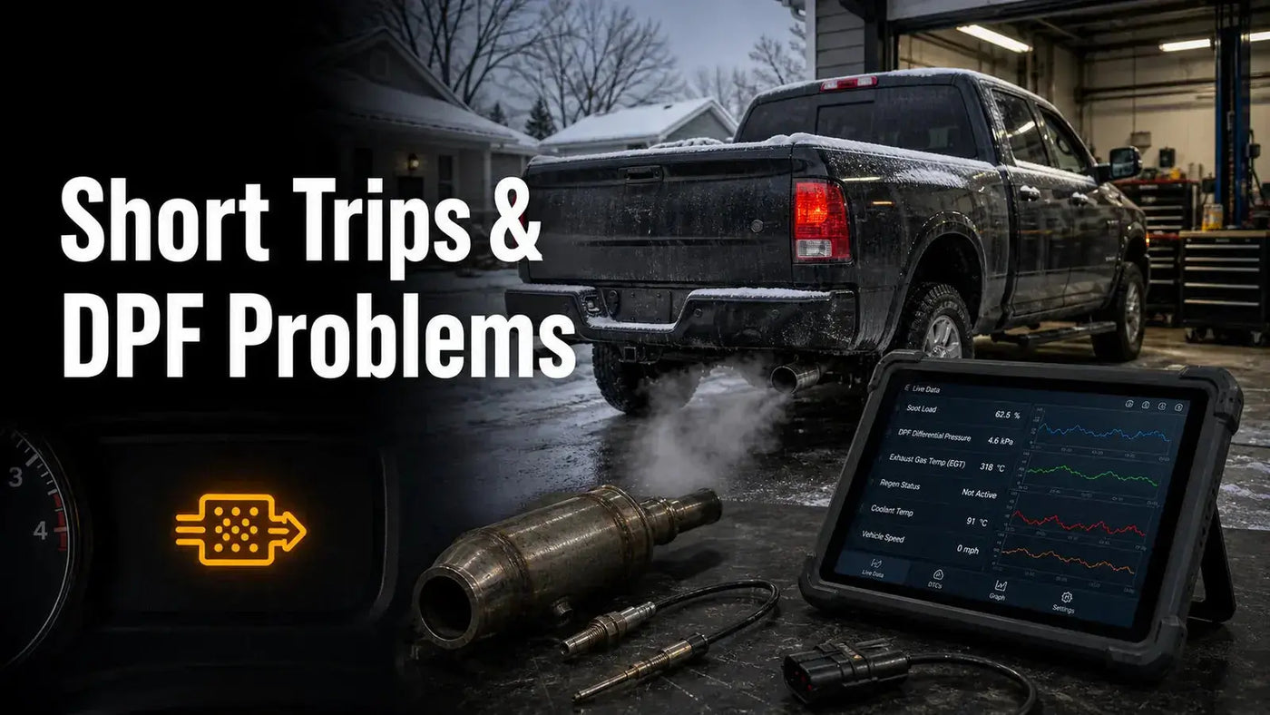 Diesel truck idling in cold weather with a DPF warning and scan tool diagnosis
