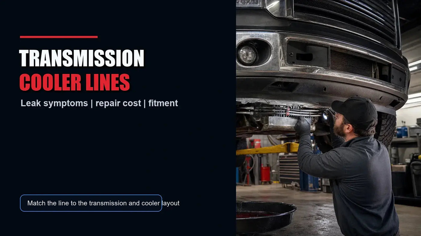 Mechanic inspecting transmission cooler lines on a lifted diesel truck in a repair shop