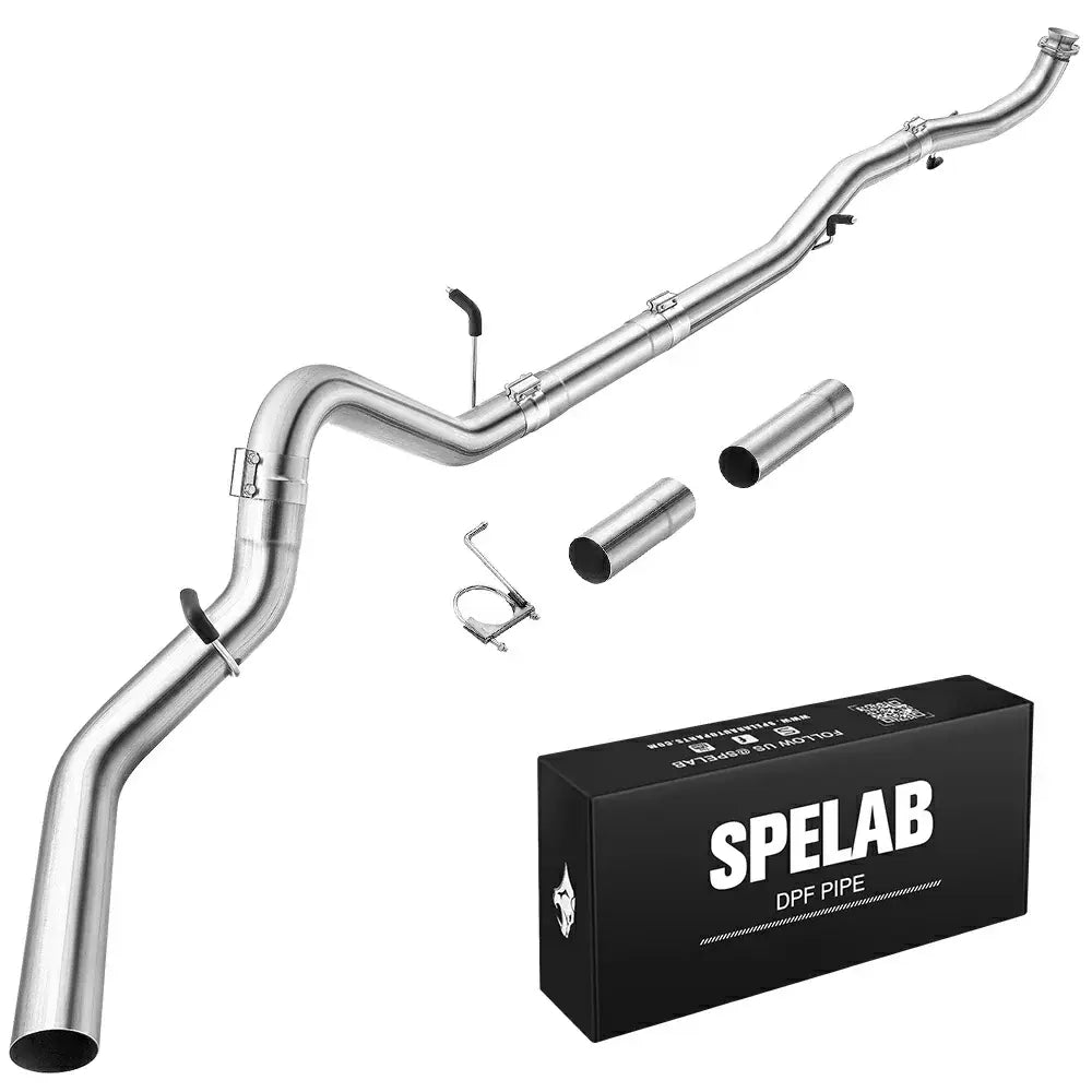 Assembled stainless downpipe-back pipe for 2017-2025 L5P 6.6L Duramax with rubber-lined hanger rods, band clamps, a separate hanger bracket clamp, two chrome extension sleeves, and a SPELAB DPF pipe box.