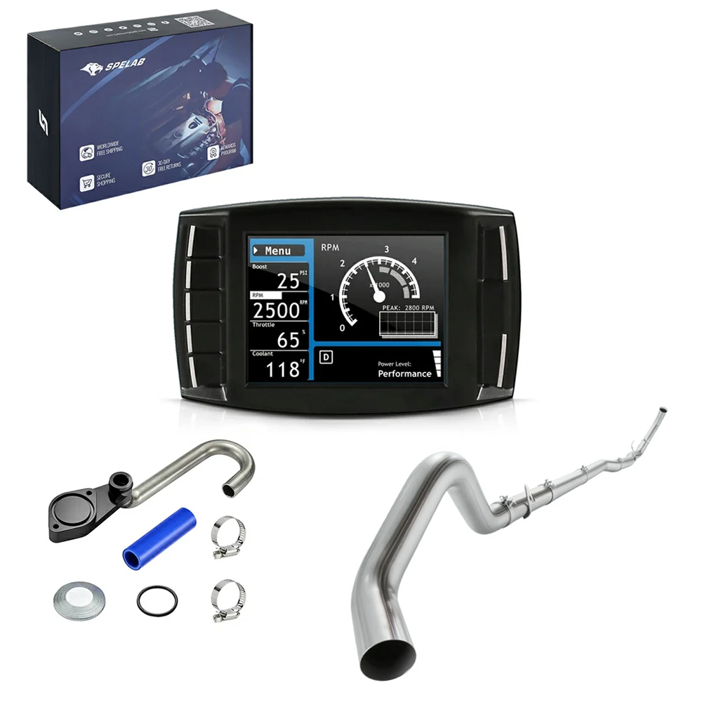 Color-screen diesel tuner with black EGR delete plate kit and polished turbo-back stainless exhaust pipe for 2003-2007 Ford F-250 F-350 6.0L Powerstroke