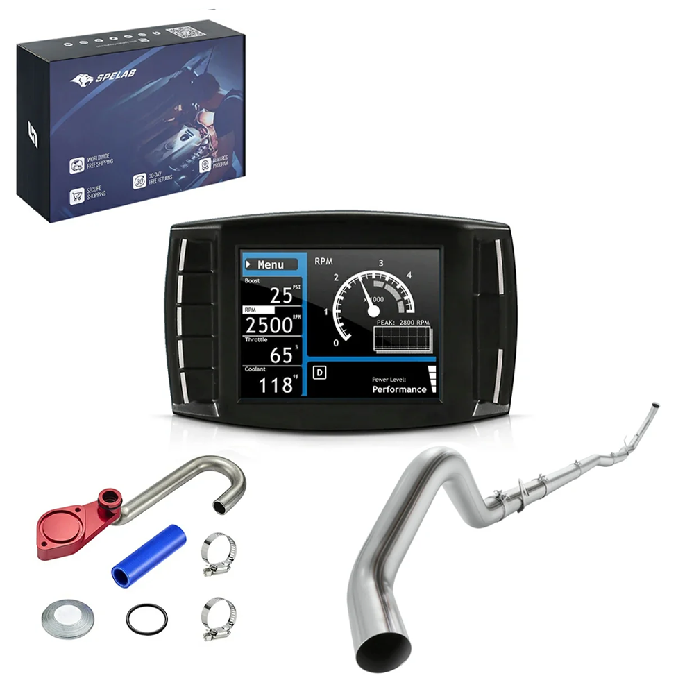 In-cab performance tuner with red EGR delete billet plate, blue silicone hose and stainless turbo-back exhaust for 2003-2007 Ford F-250 F-350 6.0L Powerstroke