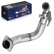 Assembled 4-inch catless turbo downpipe for the 2015-2019 Ford F250 F350 F450 F550 Super Duty 6.7L Powerstroke, showing the 3-bolt flange, V-band clamp and O2 sensor bung in 304 stainless.
