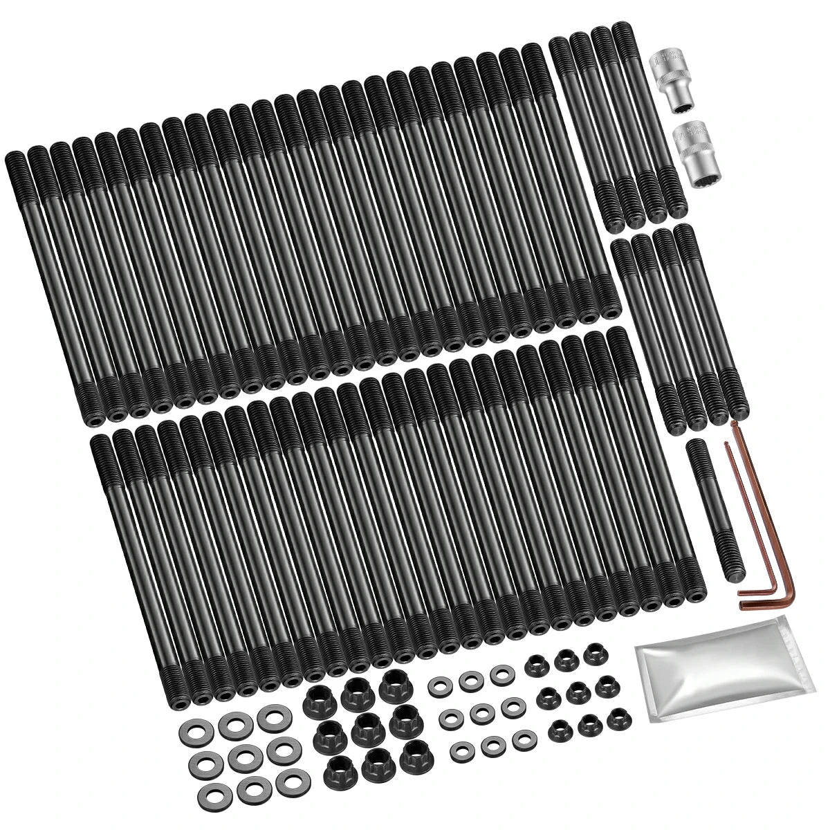 Full layout of a SPELAB 6.7L Powerstroke head stud kit, with fanned double-ended studs, short studs, black washers, flange nuts, two sockets and hex keys