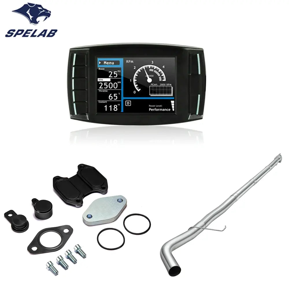 2013-2018 Dodge Ram 6.7L Cummins Cab and Chassis delete kit with a touchscreen delete tuner, black anodized EGR delete plates with billet plugs and gaskets, and a slim one-piece straight-flow DPF delete pipe with a single hanger.