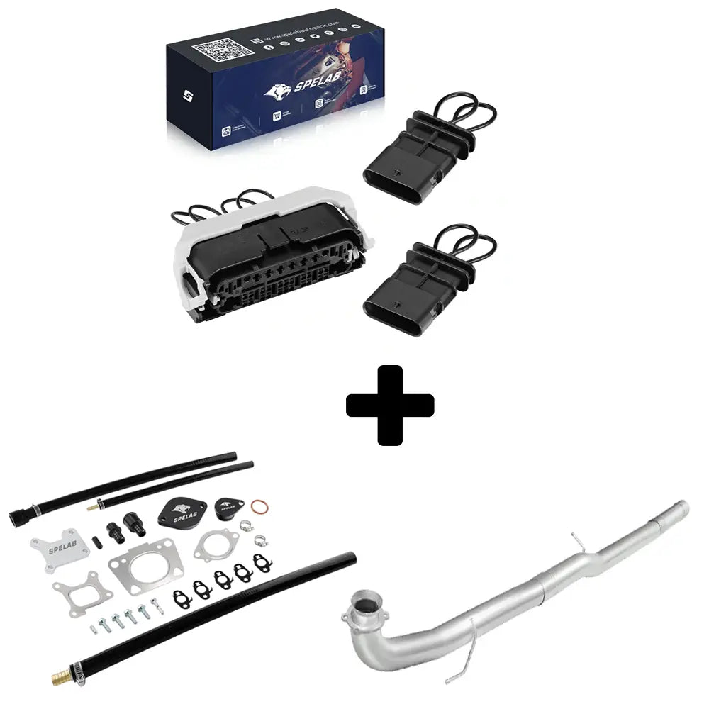 EGR valve cooler delete kit paired with a white ECU connector, two black plugs and an aluminum mid-pipe delete tube for the 2017-2025 6.6L Duramax L5P.
