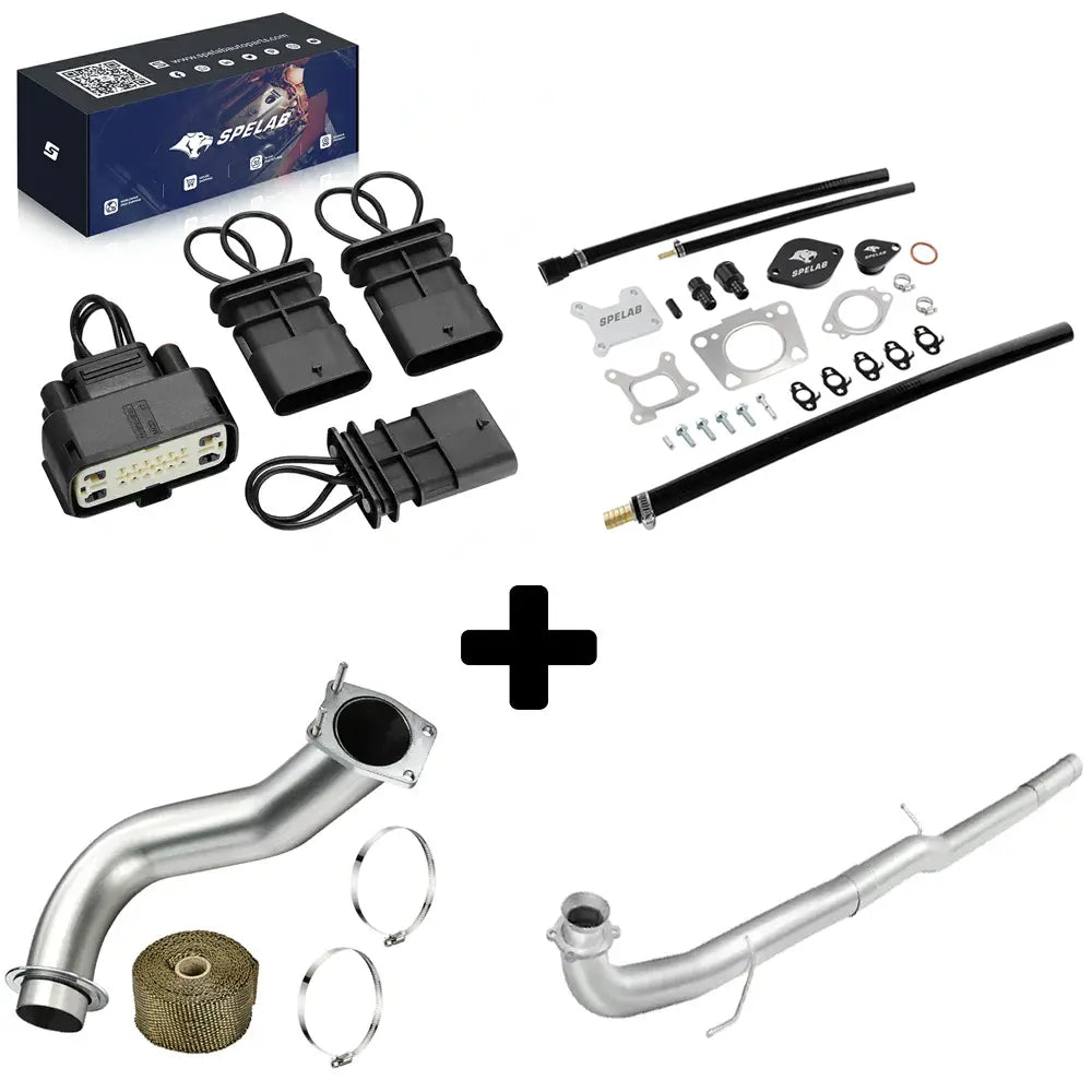 EGR delete kit, black wiring connectors, a stainless downpipe with wrap and an aluminum delete pipe combined for the 2017-2025 6.6L Duramax L5P.