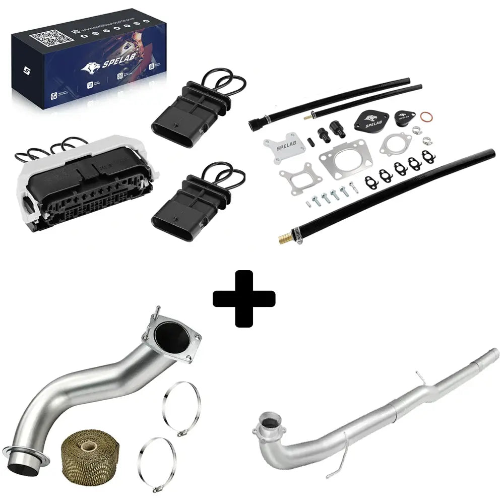 EGR valve cooler delete kit with a white ECU connector, two black plugs, a stainless downpipe and an aluminum delete pipe for the 2017-2025 6.6L Duramax L5P.