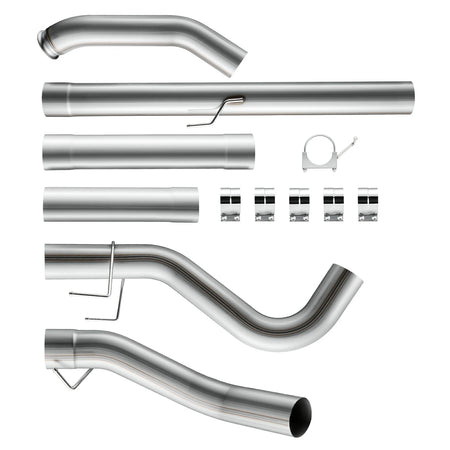 5-inch T409 stainless turbo-back set of six mandrel-bent pipes with welded hangers, five band clamps and one U-bolt mount clamp, for 2010-2012 Dodge Ram 6.7L Cummins diesel