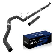 Exhaust system for 2019-2025 Ram 2500 3500 6.7L diesel, assembled from a zig-zag mandrel-bent black downpipe-back pipe with a heat-wrapped flex head, band clamps, wire hangers, and a SPELAB DPF delete kit box.