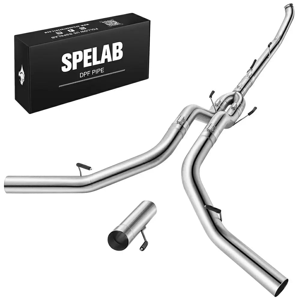 Stainless steel 5-inch turbo-back dual exhaust pipes joined by a Y-connector with spring hangers, beside a short extension tube and black SPELAB DPF delete box, for 2013-2018 Dodge Ram 2500/3500 6.7L Cummins.