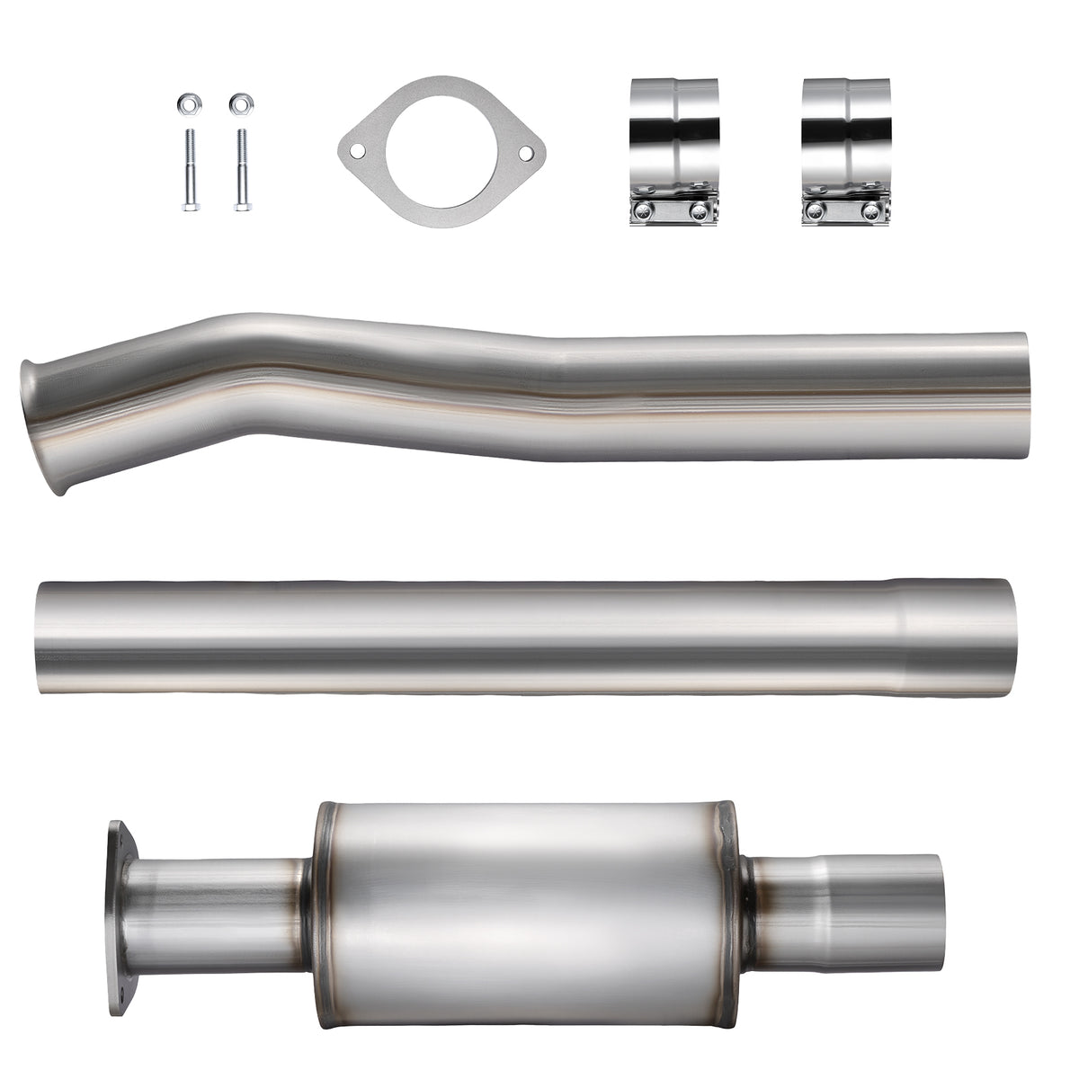 DPF delete kit hardware and tubing: flange gasket, bolts, band clamps, a bent pipe, a straight pipe and a resonator canister, for the 2011-2024 Ford 6.7L Powerstroke.