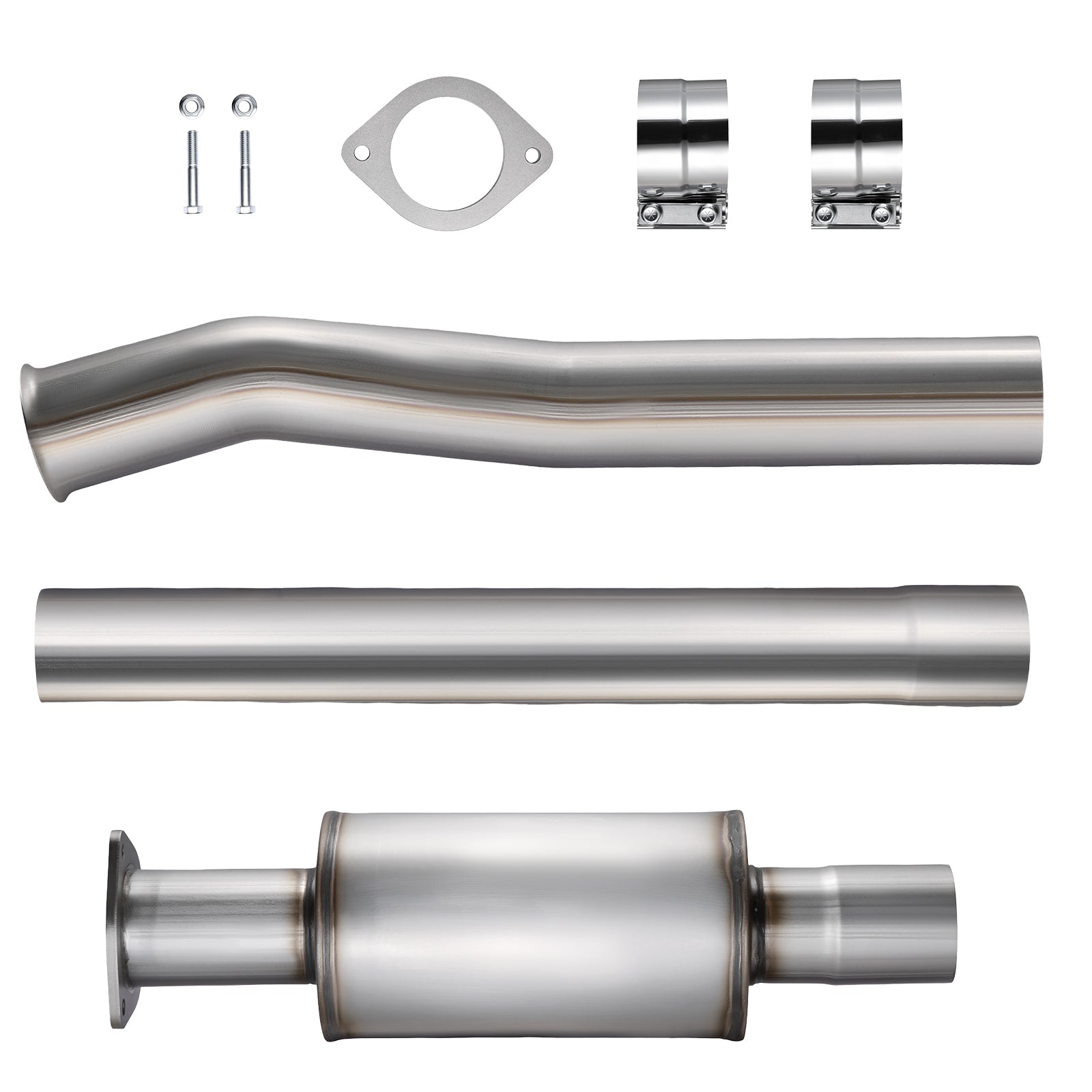 DPF delete kit hardware and tubing: flange gasket, bolts, band clamps, a bent pipe, a straight pipe and a resonator canister, for the 2011-2024 Ford 6.7L Powerstroke.