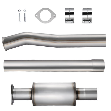 DPF delete kit hardware and tubing: flange gasket, bolts, band clamps, a bent pipe, a straight pipe and a resonator canister, for the 2011-2024 Ford 6.7L Powerstroke.