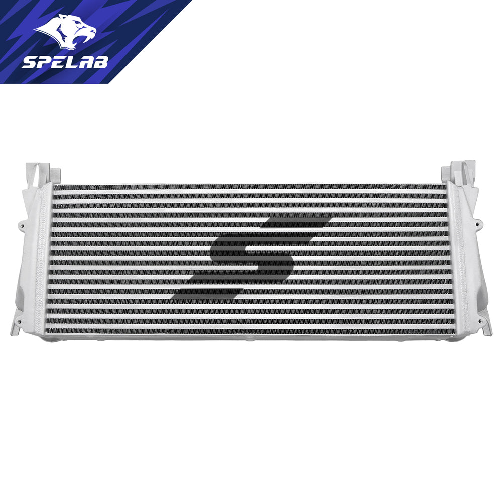 SPELAB all-aluminum tube-fin intercooler for 2013-2018 Dodge Ram 2500 3500 6.7L Cummins, front view with cast end tanks