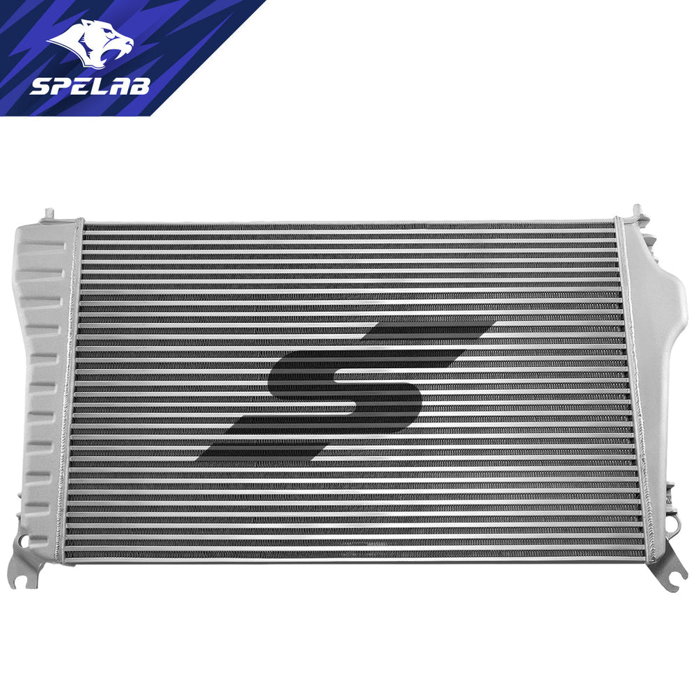 SPELAB all-aluminum tube-fin intercooler for 2011-2016 Chevy GMC Sierra 2500HD 3500HD 6.6L Duramax LML, front view with cast end tanks
