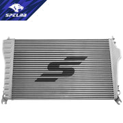 SPELAB all-aluminum tube-fin intercooler for 2011-2016 Chevy GMC Sierra 2500HD 3500HD 6.6L Duramax LML, front view with cast end tanks