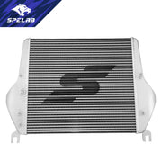 SPELAB all-aluminum tube-fin intercooler for 2003-2009 Dodge Ram 2500 3500 5.9L and 6.7L Cummins, front view with polished end tanks and black logo