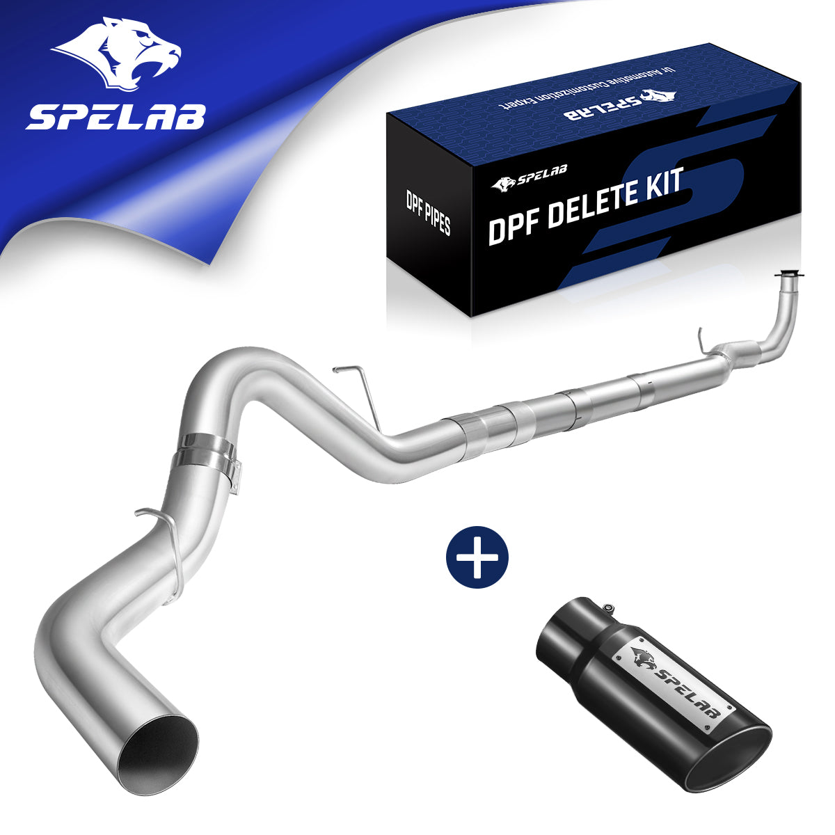 Polished stainless downpipe-back pipe for 2017-2025 L5P 6.6L Duramax with a band clamp at the over-axle bend and wire hanger loops, paired with a black SPELAB exhaust tip and a blue SPELAB DPF delete kit box.