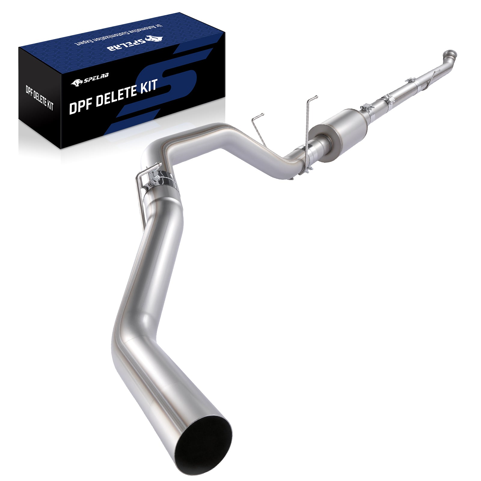 Assembled polished stainless-steel downpipe-back DPF delete exhaust with inline muffler, long S-bend tailpipe, wire hangers, and band clamps, beside a SPELAB DPF delete kit box for the 2019-2025 Dodge Ram 6.7L diesel.