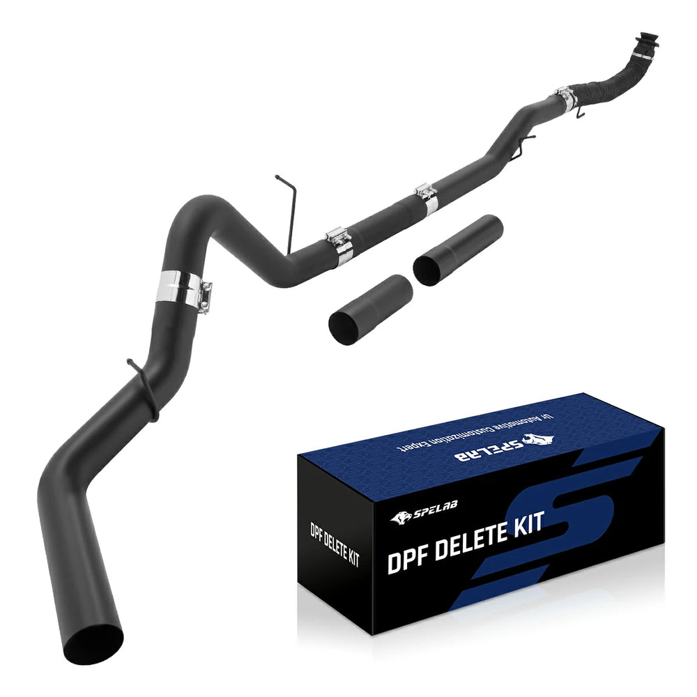 Black 4-inch downpipe-back DPF delete exhaust assembled for 2020-2025 L5P 6.6 Duramax, with a heat-wrapped flex inlet, V-band clamps, two spigot connector tubes, and a SPELAB DPF Delete Kit box.