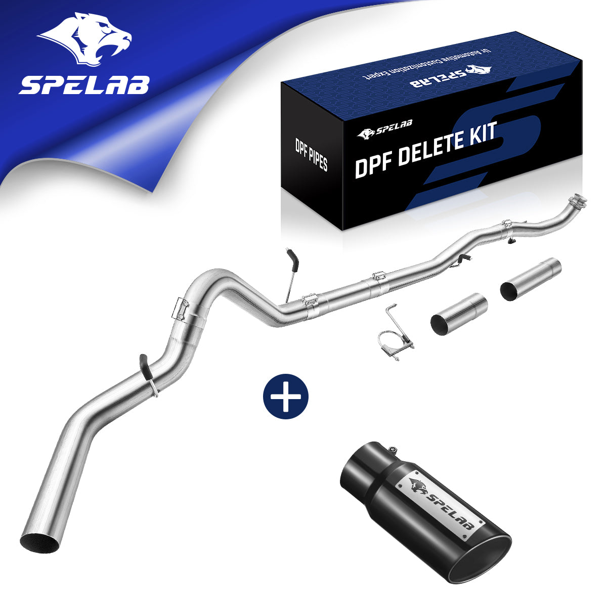 Stainless downpipe-back pipe for 2017-2025 L5P 6.6L Duramax with rubber-lined hanger rods, a hanger bracket clamp, and two straight extension sleeves, paired with a black SPELAB tip and a blue SPELAB DPF delete kit box.