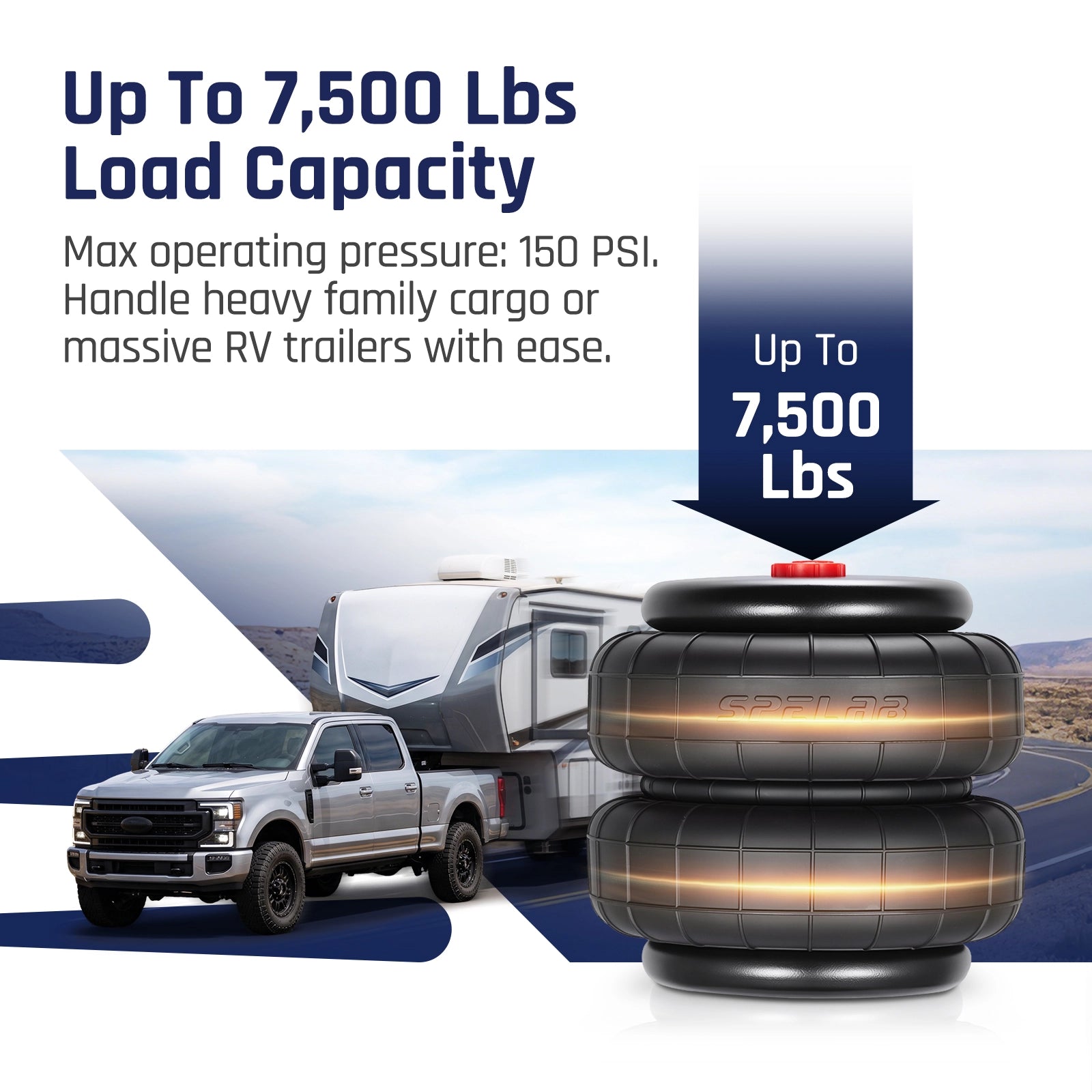 SPELAB rear air suspension kit air spring close-up rated up to 7,500 lbs load capacity and 150 PSI max operating pressure for heavy cargo and RV towing