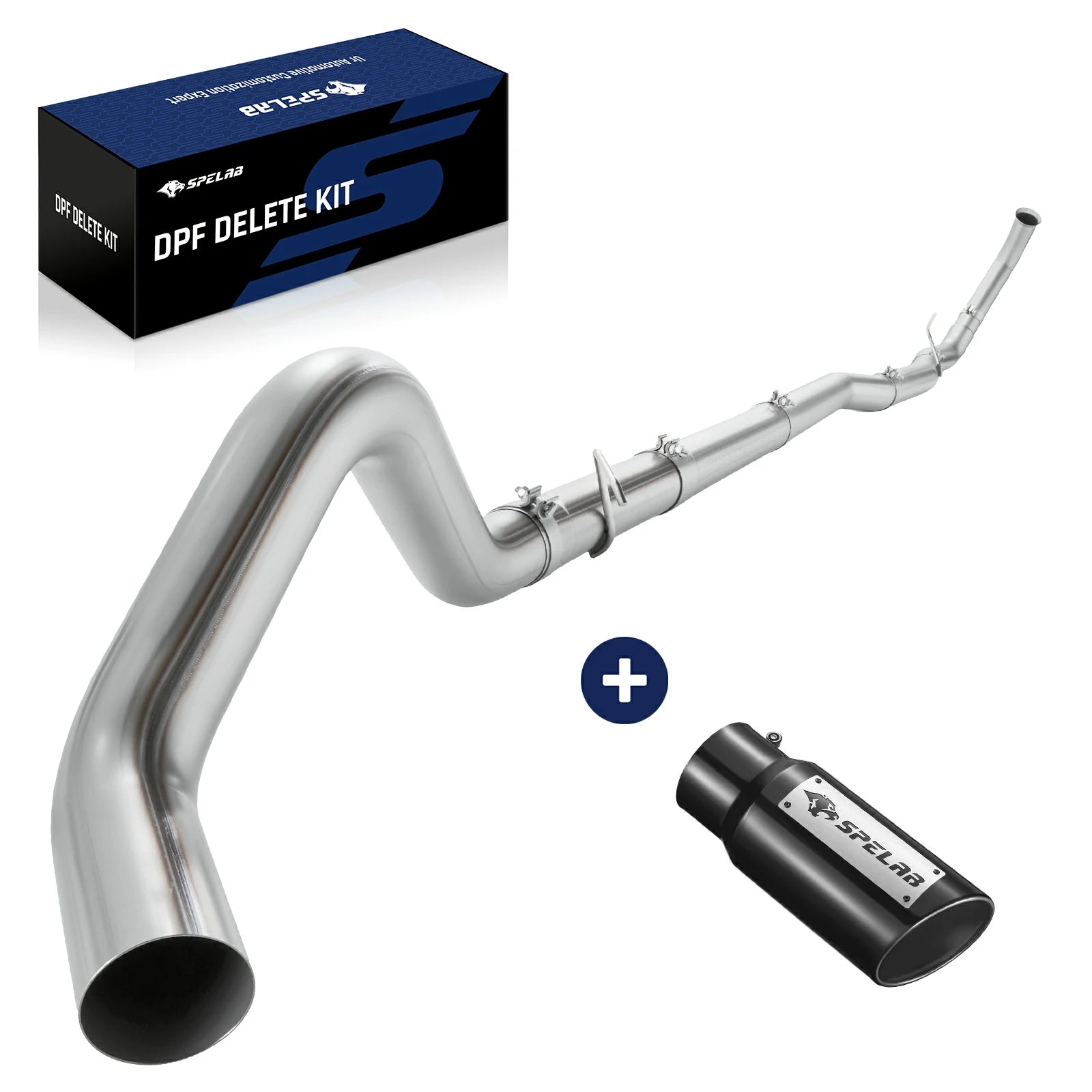 Polished stainless turbo-back DPF delete exhaust system with a large S-bend downpipe, bundled with a black SPELAB round muffler and a kit box, for the 2003-2007 Ford F-250 F-350 F-450 6.0L Powerstroke.